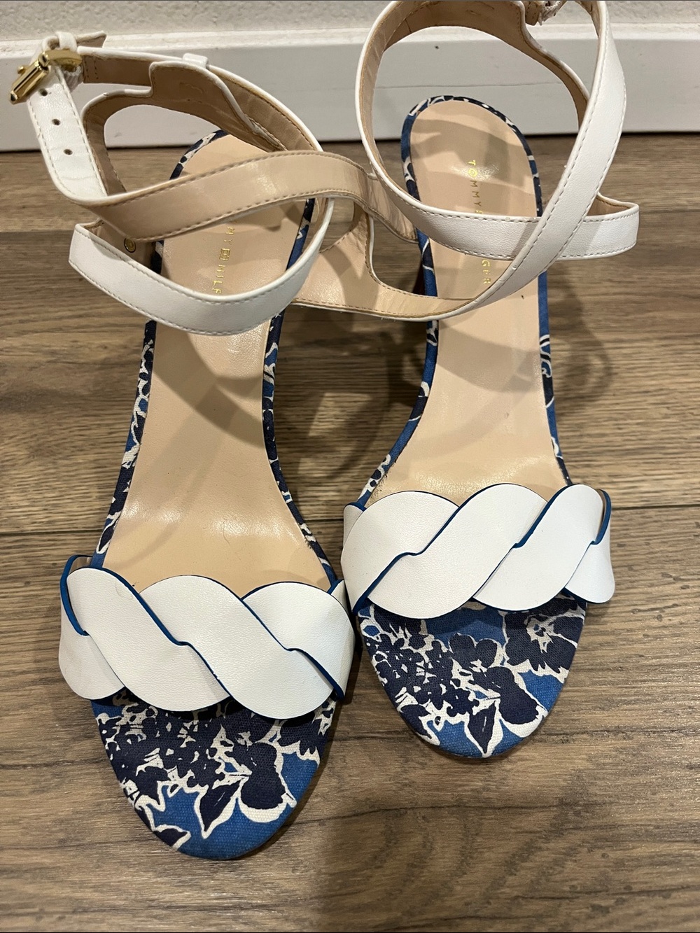 White & Navy Floral Ankle-Strap Sandals by Tommy Hilfiger